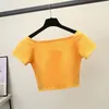 夏の半袖ハイウエストTシャツレディース女性の露出天気ドレス短い段落単語カラーストラップレストップスリム