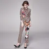 Hoge kwaliteit mode runway herfst broek twee stukken set vrouwen lange mouw shirt + casual floral print broek sets pakken 201119