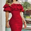 Mini abito da sera rosso a maniche corte da donna Solido con spalle scoperte Increspato a strati Ruffles Vestito aderente Vestidos De Verano T200320