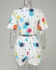 Vneck Tie Chest Print Twopiece Set Summer2 Piece Outfits for Women半袖ノットフロントクロップトップポケットショーツセットT200603