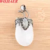 Wojiaer Natural Stone Pendant Antique Silver-Color Crown Moon Labradorite Geometric Women Men Trendy Necklace Jewelry Bo910