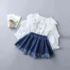소녀 세트 어린이 의류 세트 아이 코튼 스플 라이스 블라우스 + 데님 스커트 공주 2 PC 2-6 년 동안 여름 아기 소녀 옷 G0119
