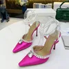 Pointed Toe Silk Satin High Heel Sandals Women Crystal pearl chain Decor Ankle Strappy Pumps Sexy Wedding Bride Shoes 2022