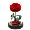 木製のベースと暖かいライトの結婚式のバレンタインの贈り物とガラスドームの永遠のバラの花