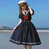 ハラジュクセーラー襟ネイビードレス日本のロリータスウィートボウノットガールレトロコットンカワイイプレッピースタイル長袖