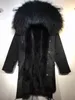 Le pellicce Mukla sono popolari con finiture in procione nero, parka da neve da donna, fodera in pelliccia di volpe, giacche lunghe esterne nere per tenere al caldo