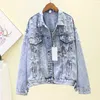 Koreaanse stijl lente herfst nieuwe kralen denim jas vrouwen lange mouw parels vlinder diamanten jassen korte jeans jas vrouw T200828