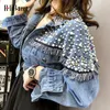 Chaquetas Mujer Jesień Streetwear Denim Kurtka Kobiety Ręcznie Studded Pearls Punk Tassel Veste Femme Luźne Krótkie Dżinsy Płaszcze 201109