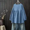 2019 Autumn Botton Top Kobiet Koszulka Plisowana bluzka żeńska swobodna długie rękaw Blusa Vintage Cardigan Oversizezed T200321