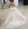 Stock 2-14 Years Lace Tulle Flower Girl Dresses Bows Children's First Communion Dress Princess Ball Gown Wedding Party Dress C072213