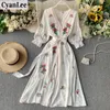 Casual Jurken Jurk Vrouwen Sweet Floral Geborduurde Sexy V-hals Lantaarn Mouw Dames Slank met Riem Bandage Lange Robe Beach Vestido1