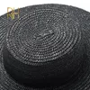 Lady Kids Fashion Black Tarwe Boater Straw Hat Out Flat Top Cap Fedora 5 - 7 cm 10cm 13 cm Zweer brede natuurlijke gras Sun Bowler Hat Y200714