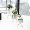 Set of 3pcs Marbling White Ceramic Flower Pots with Iron Stand Desktop Planters Home Garden Decoration with Gold Detailing Y2007234218972