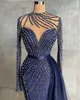 NY! 2022 Plus Storlek Arabisk Aso Ebi Navy Blue Luxurious Prom Klänningar Beaded Mermaid Lace Evening Formell Party Andra receptionen klänningar klänning