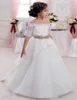 Off the Shoulder Cute Flower Girl Dresses for Wedding Vintage Lace with Coral Bow Belt Princess Lace-Up Kids Communion Dresses