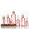 Garrafa de perfume de óleo essencial de vidro cor-de-rosa garrafa de olho de pipeta de pipeta com tampa de ouro e tampo de borracha branco