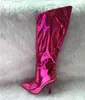 Metallic Leer Vrouwen Knie Hoge Laarzen Stiletto Hakken Puntschoen Mode Vrouwelijke Partij Schoenen Nachtclub Reflecterende Mujer 220111