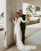 Deep V Neck Mermaid Wedding Dresses 2021 Satin Long Sleeves Front Slit Bridal Gowns Sexy Robe De Mariee