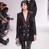 Veste longue noire à paillettes et perles pour femme, vêtement d'extérieur de styliste, Sexy, élégant, Slim, Chic, haut de scène, 2020