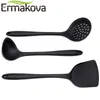 ERMAKOVA 3 pièces/ensemble spatule en silicone antiadhésive spatule écumoire cuillère à soupe cuillère à soupe ustensiles de cuisine résistant à la chaleur (noir) 201119