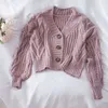 Autumn and Winter Short Thick Needle Linen Twist cardigans women Loose Lantern Sleeve Sweater Lazy Wind Knitted Cardigan Coat 201224