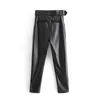 Aachoe Women Chic Black Pu Faux Calças de Couro Moda Cintura Alta Bolsos Senhoras Escritório Calças com Cinto Casual Pants Calças 201113