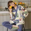 여성을위한 수레 가을 일본 기모노 파자마 세트 100 % 코튼 pjs 새틴 Atoff 홈 잠옷 겨울 따뜻한 유카타 실크 나이트웨어 201109