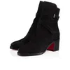 Kvinna Ankle Boots Ladys Black Calfskin äkta läder Kort stövel för kvinnor Karistrap Style High Block Heel Ankle-Boots med remmar