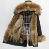 Oftbuy jaqueta longa de inverno feminina, casaco de pele de raposa real, gola de pele de guaxinim natural, capuz, grosso, quente, moda urbana