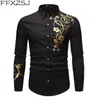 Männer Casual Hemden Stilvolle Gold Blume Drucken Schwarz Hemd Männer 2021 Frühling Slim Fit Langarm Herren Kleid Party Männlich social Shirt1