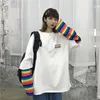 NELLOE Корейский Harajuku Patchwork T Футболки поддельных двух частей Радуга полосатый с длинным рукавом повседневная футболка на шеи женские топ-тройники 55252 201028