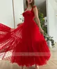 Sweetheart Bow Straps Zipper Peats Tea Längd Red Prom Dress A-Line Tulle Aftonklänning