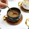 Creative Fresh Nordic Style Marmor Matte Gold Ceramic Cup Tea Coffee Mug With Wood Lid Tray Gift LJ200821