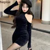 Casual Dresses Neploel Sexy Y2K Kleid Frauen Halbhohe Kragen Schwarz Robe Chic Hollw aus Schulter gestrickt Vestidos Korean Bodycon Mini