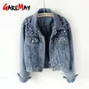 GareMay Vintage Perle Perles Court Denim Vestes Femmes Bleu Lavage À Manches Longues Casual Jean Veste Bomber Denim Manteau Plus La Taille T200212