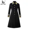 LD LINDA DELLA Designer de mode d'hiver Vintage manteau noir femmes élégante fleur broderie Outwear laine long pardessus LJ201106