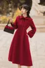 Misto lana da donna YOSIMI 2021 Inverno Vino rosso Cappotto Donna Pizzo Collo alla coreana Manica lunga Giacche di lana a metà polpaccio Abiti autunnali per