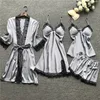 Summr New Satin Black Lace Fashion Women Sleepwear With Chest Pad Nightdress Shorst Cardigan Set Pajamas 201114