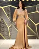 2022 Plus Size Arabski ASO EBI Gold Mermaid Sexy Prom Dresses Zroszony Kryształy Wieczór Formalna Partia Druga Recepcja Urodziny Suknie Zaręczynowe Sukienka ZJ603