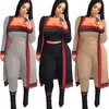 Primavera 2022 Novo Splicing Crop Top Top Wrap Apertado Stripe Mulheres Sexy Três Peça Set com casaco longo