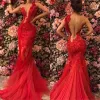 2022 rot Sheer durch Backless Mermaid Prom Kleider Plus Size Spitze Tüll Sonderanfertigte Abendkleider Formale Roben De Soiree DWJ0121