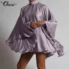 Celmia Large Flare Sleeve Women Party Mini Dresses Stand Collar Solid 2022 New Fashion Satin Short Vestidos Sexy Backless Robes Y220214