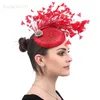 Stingy Brim Hats Red Vintage Headpiece Linen Fascinator Hat For Women Ladies Fedora Cap Formal Dress Wedding Feathers1224A