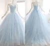 Light Blue 2021 Empire Waist Formal Party Dresses Lace See V-neck Corset Back Applique Tulle Princess Prom Quinceanera Dress Sweet 16 Girls