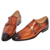 手作りのオフィスビジネスウェディングスーツドレスローファーブラウンラグジュアリーダブルバックルフォーマルな本物の革の男性靴Y200420
