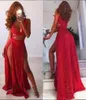 Sexig billig röd Sequin V Neck Black Girls Prom Klänningar Lång Högsidan Split Evening Gowns Party Wear Formell Dress Vestidos De Fiesta