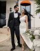 Muhteşem Mermaid 2021 Düğün Dresse Basit Stil Bir Omuz Kalça Bölünmüş Gelin Modelleri Saten İpek Fermuar Geri Düğün Elbiseler