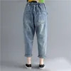 Johnature Fashion Patchwork Denim Pants Summer Elastic Waist Hole Tie Casual Ankle-Length Women Vintage Jeans Pants 210521