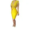 2022 Sexy Yellow Women Cocktail Dresses V Neck Illusion Long Sleeves Lace Appliques Beaded Short Prom Dresses Party Dress Night Celebrity Formal Homecoming Gowns