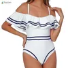 2019 Noir Blanc Volants Jumpsuit Romper One Piece Maillot De Bain Brésilien Une Épaule Monokini Maillot De Bain Maillot De Bain Pour Les Femmes T200708